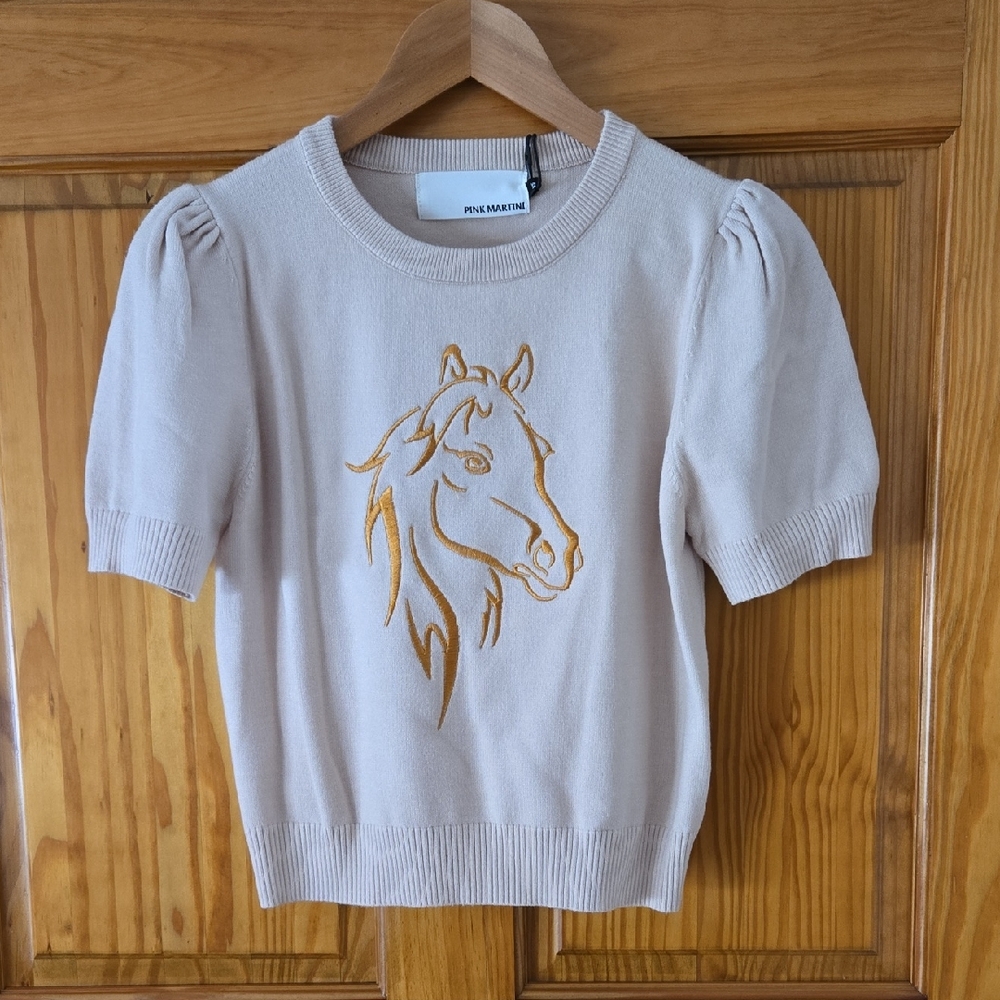 Pink Martini Cream Sweater with Gold Horse Embroidery